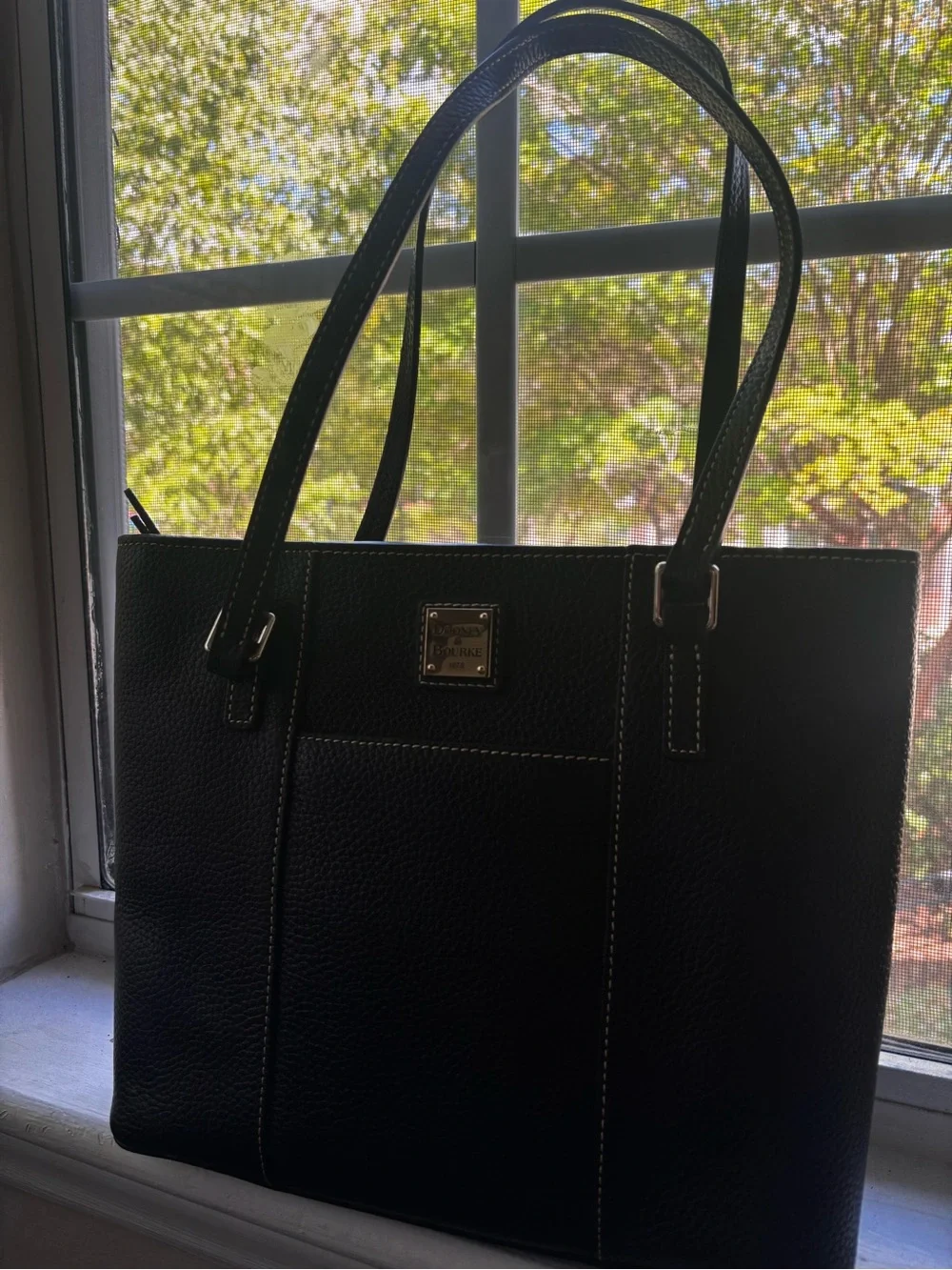 Dooney & Bourke Black Pebble Leather Tote with Contrast Stitching